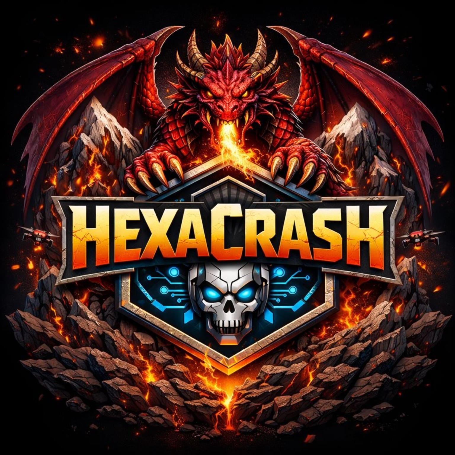 Logo HexaCrash, naga merah dan perisai